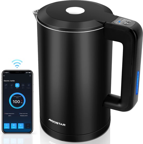 Aigostar 30UTV - Smart Waterkoker - met Temperatuurregeling - 40°C tot 100°C - Warmhoudfunctie - LED Verlichting - 1.7L - 2200W - Zwart