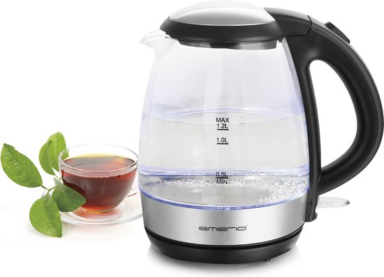 EMERIO WK-125145 - Glazen waterkoker, 1,2 liter, 2200 watt, led-binnenverlichting, 360° basis, borosilicaatglas, BPA-vrij